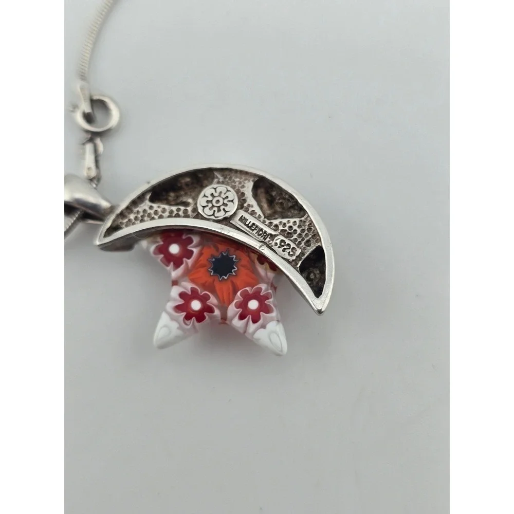 Vintage Venetian Millefiori Sterling Italy Star & Moon Pendant Necklace
